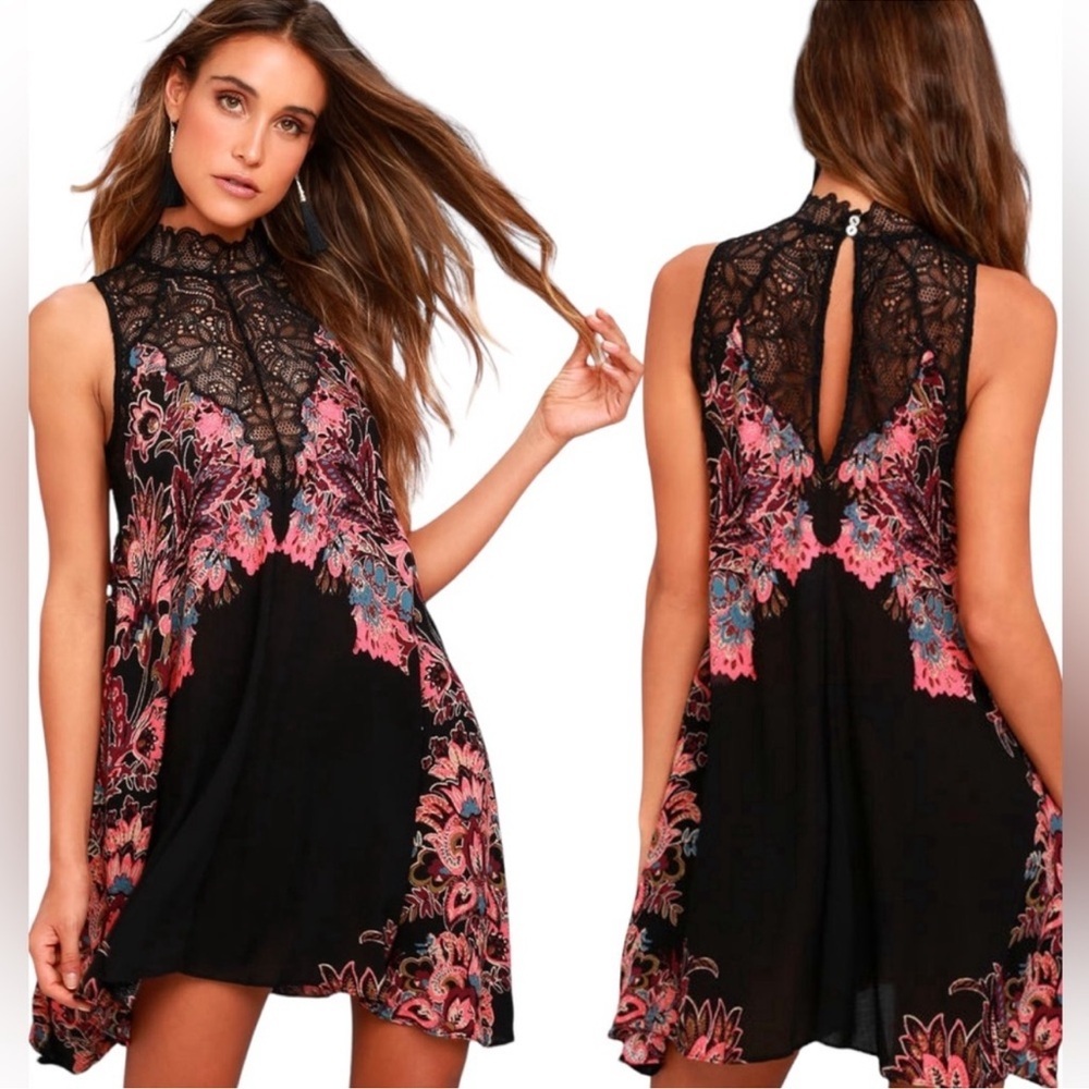 Freepeople Marsha BOHO Black Print Lace Slip Dress Size Small